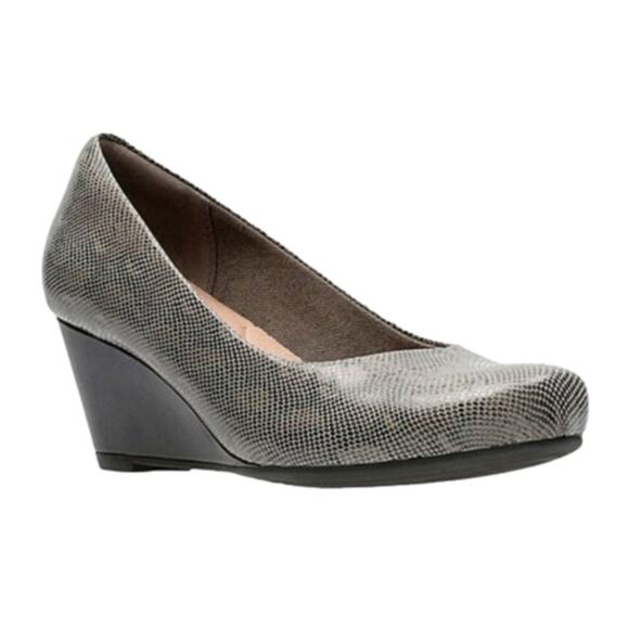 Clarks‎ Stone Snakeskin print Flores Tulip Leather Wedge Women's size 7 - Picture 1 of 11